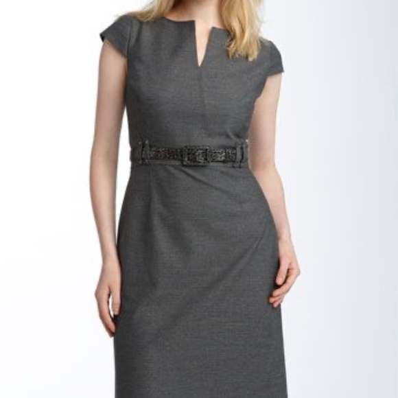 Tahari by Arthur S. Levine Belted Split Neck Sheath Dress - Size 4, gray - Picture 1 of 9
